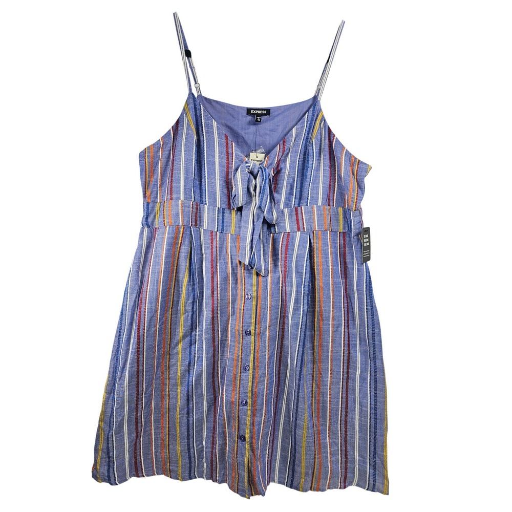 NWT Express Women Blue Striped‎ Tie Front Button Front Mini Dress XL